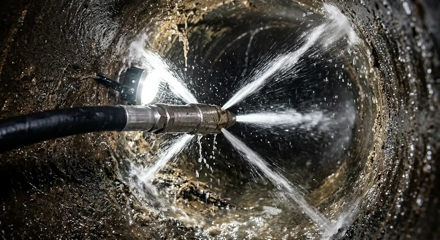 High-pressure hydro jetting nozzle cleaning sewer pipe for Sewer Line Relining in Buckley