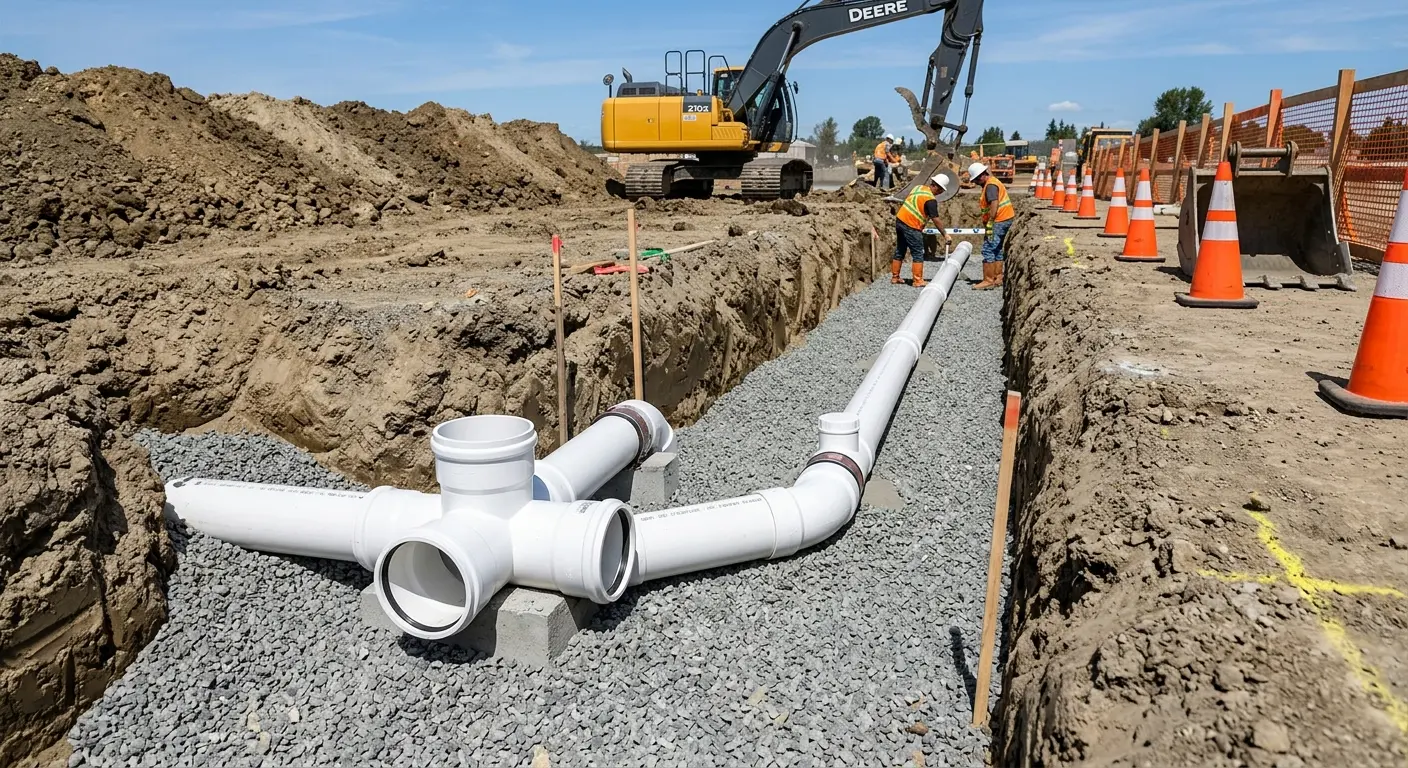 New PVC sewer pipe installation in open trench for Commercial Drain Cleaning in Buckley