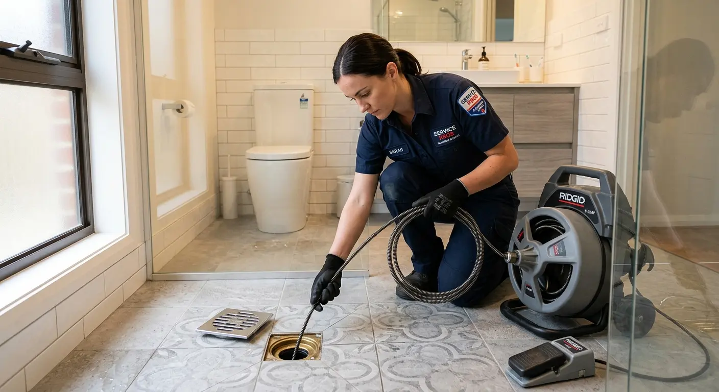 Technician clearing a bathroom floor drain for Drain Repair in Buckley